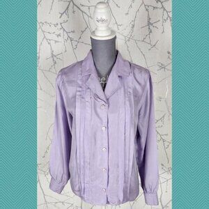 Bay Club Vintage Lilac 100% Silk Pleated Front Button Up Shirt Loose